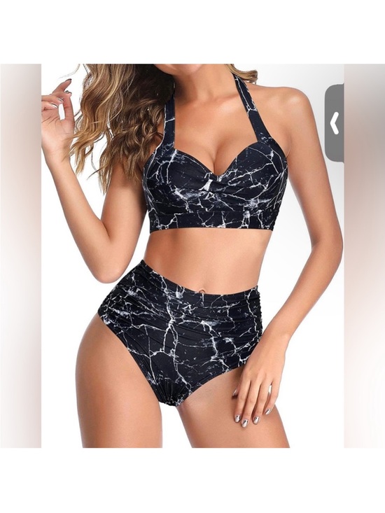 Tempt Me Other - NWT! Women’s Flattering Black Marble Bikini - Halter & High Waist Bottoms Sz L